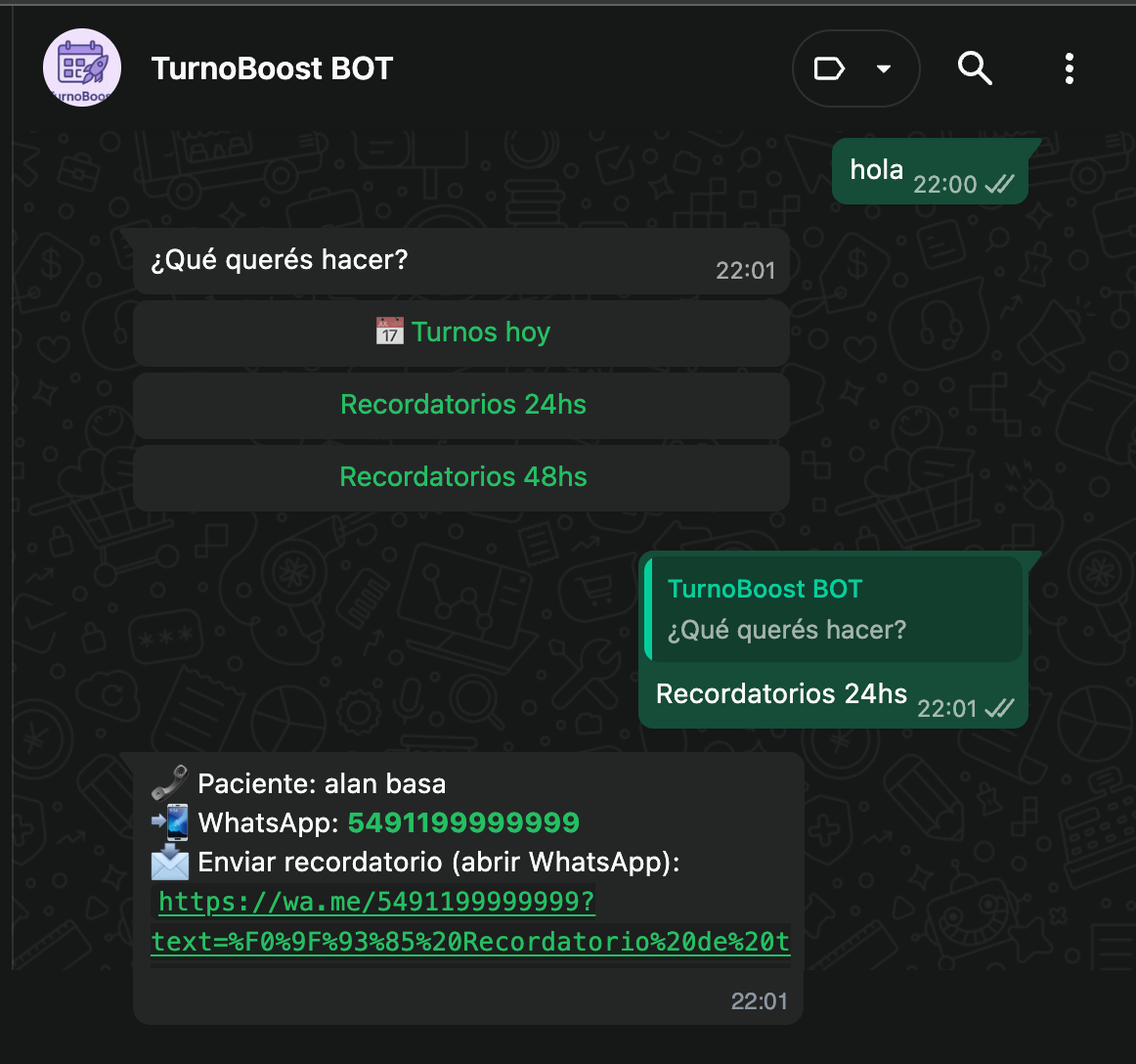 El asistente de TurnoBoost listando los turnos de mañana en WhatsApp